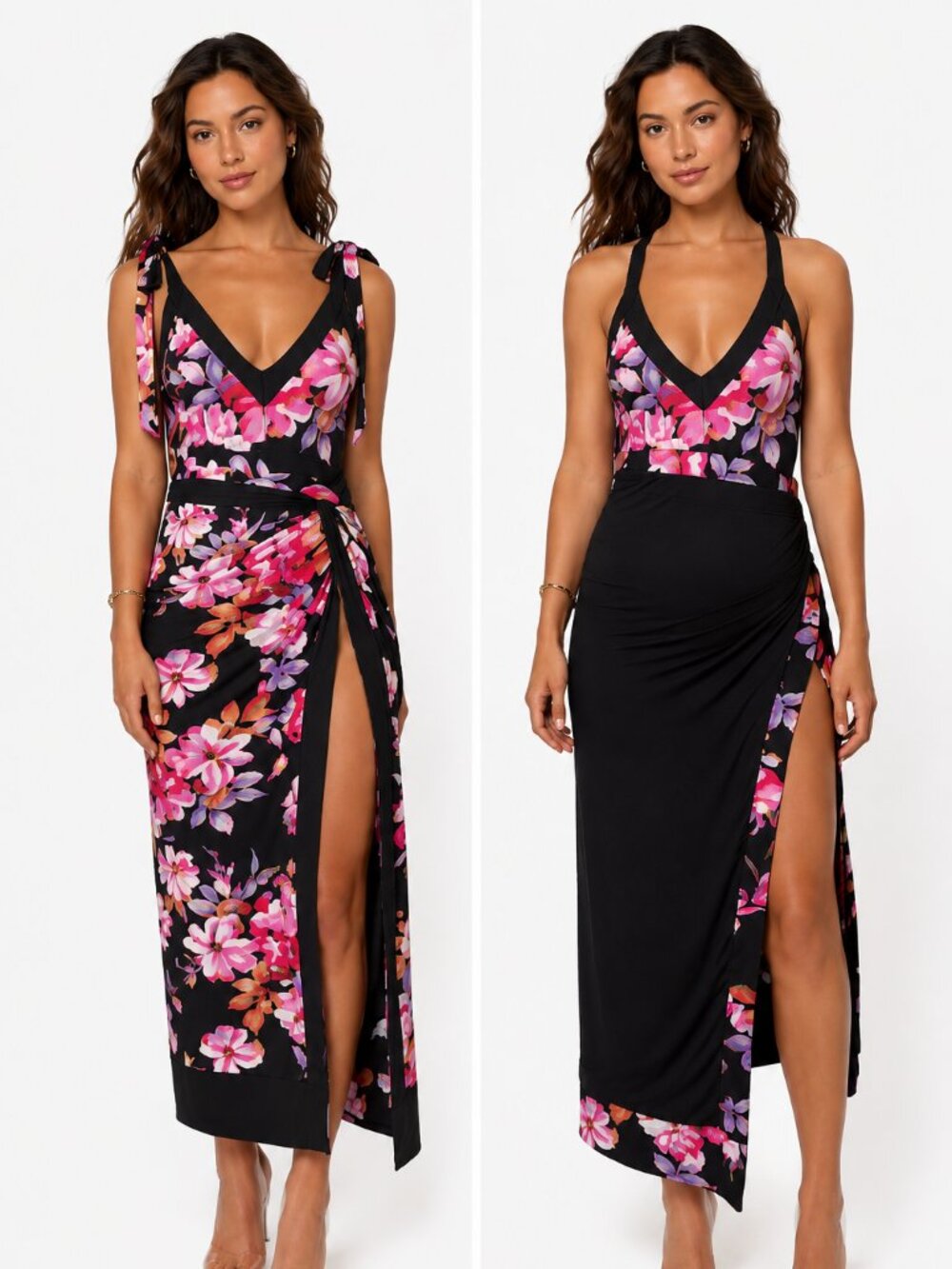 Floral Tie-Shoulder Women’s Swim Cover-Up Dress - Black with Pink Floral